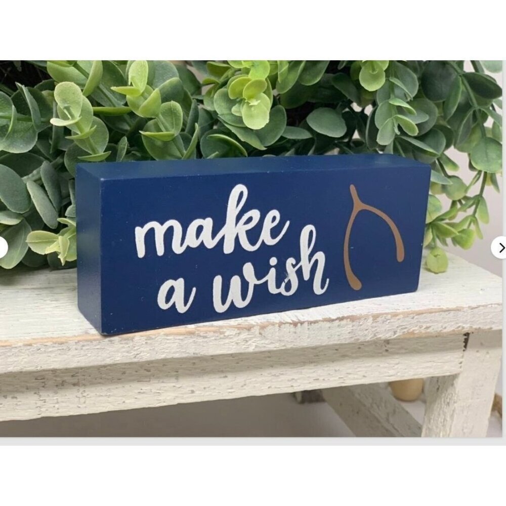 Mini Wooden Block Sign Navy Blue Home Decor Rustic Shelf Accent Make A Wish Blue